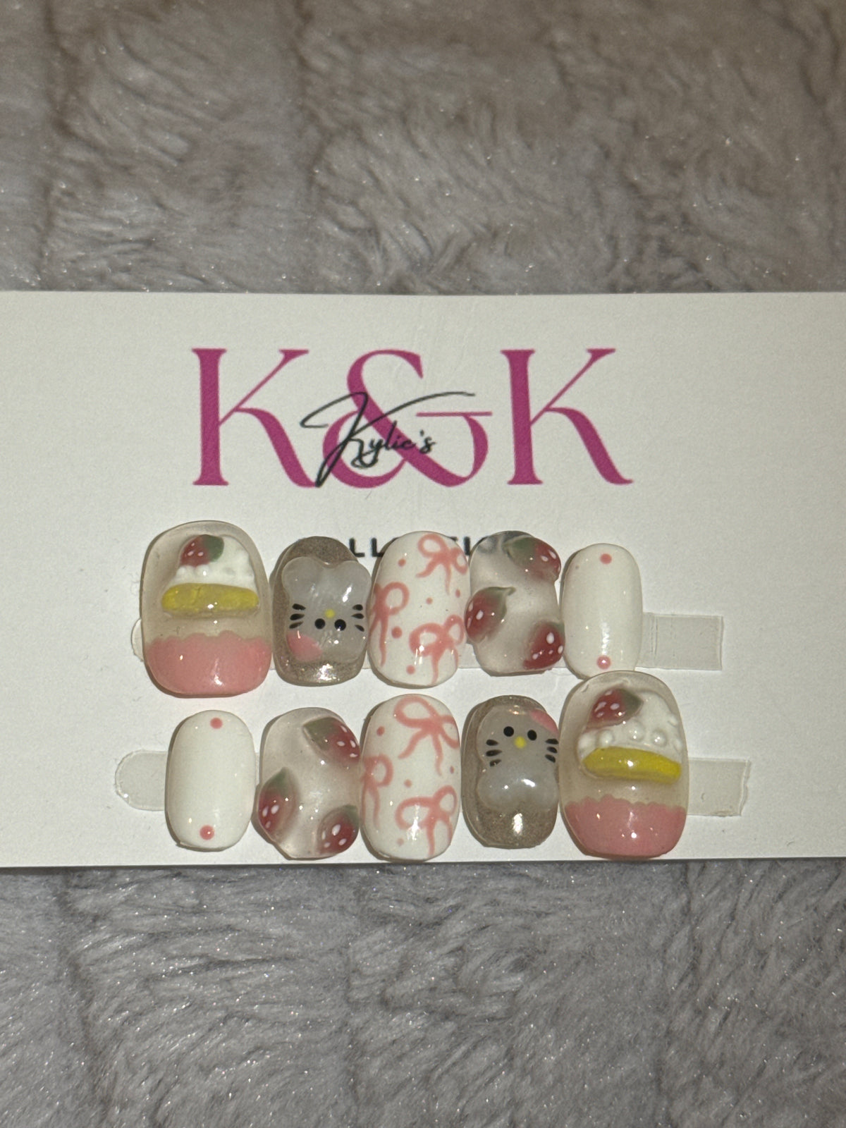 Cute Press on nails with kitty 3d effect, strawberry. handmade reuseable press on design in norway