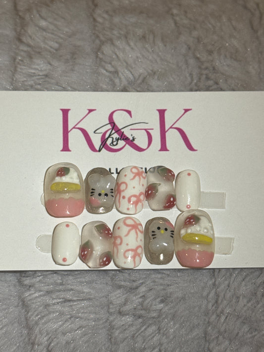 Cute Press on nails with kitty 3d effect, strawberry. handmade reuseable press on design in norway