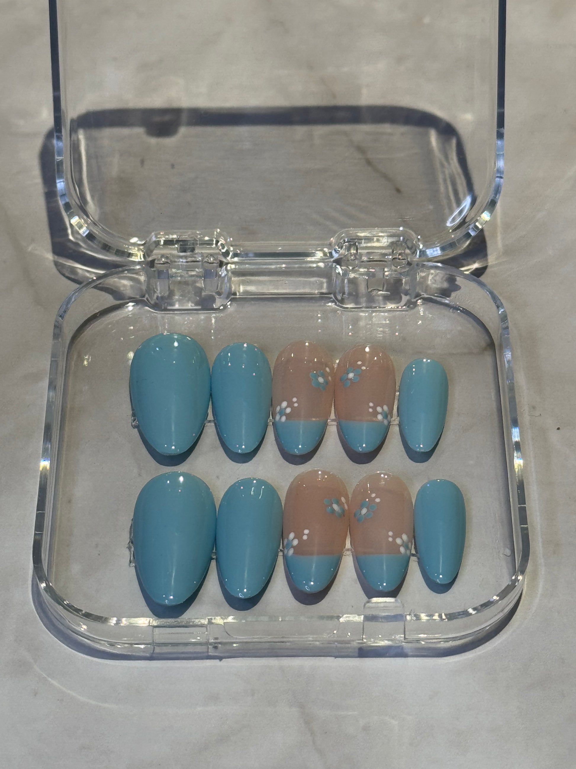 French blossom blue flowers press on nails,reuseable løsnegler