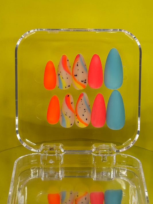 Cochella press-on nails combine striking neon hues with artistic hand-painted details for an eye-catching nail look. These almond-shaped nails offer a medium-long length with a luxurious matte finish that complements any style. Perfect for those seeking bold, vibrant nail art without the salon commitment.&nbsp;