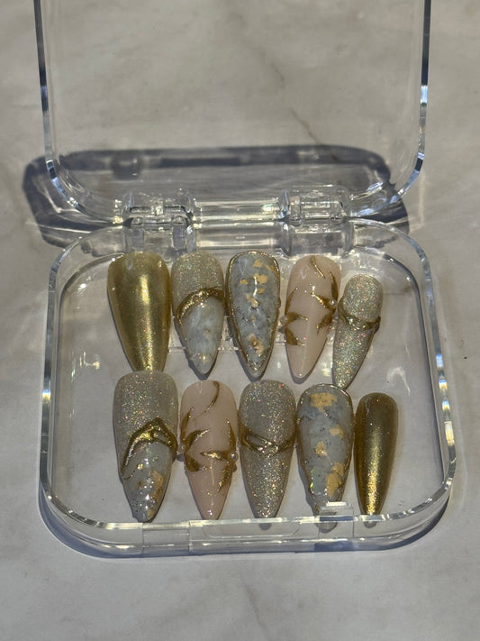 Gold Stilletto nails,with gold details,marble paint,and glitter elegant press on nails 