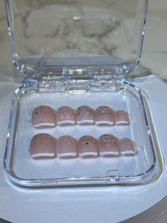 Luxury press-on nails, French manicure, silver pattern, light pink, white, nude.