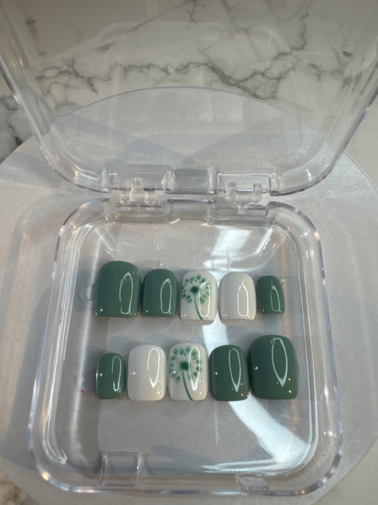 Luxury press-on nails, green, flower, dandelion, white, dark green.
