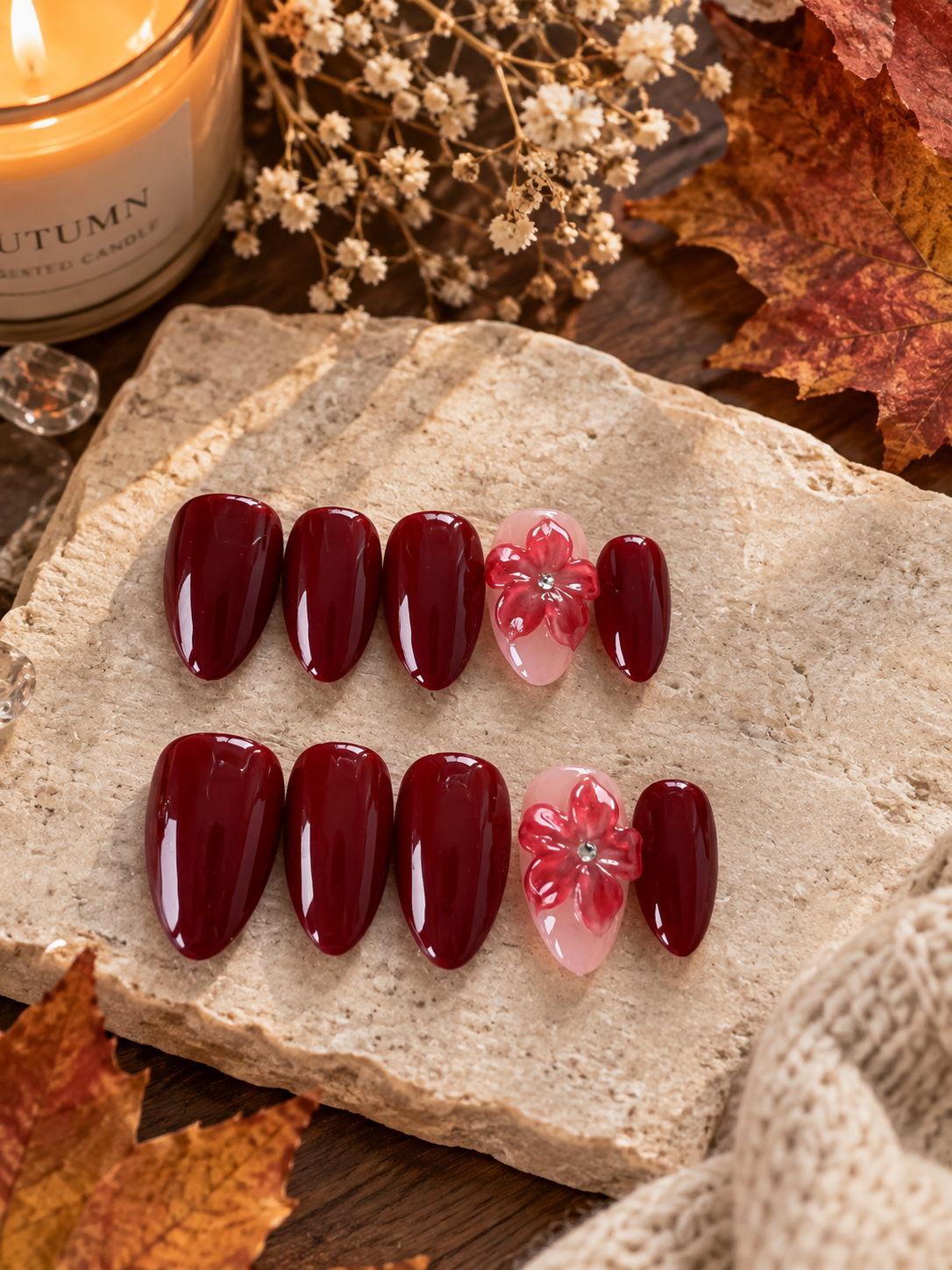 Luxury press-on nails, dark red, light pink flower, autumn, Christmas.
