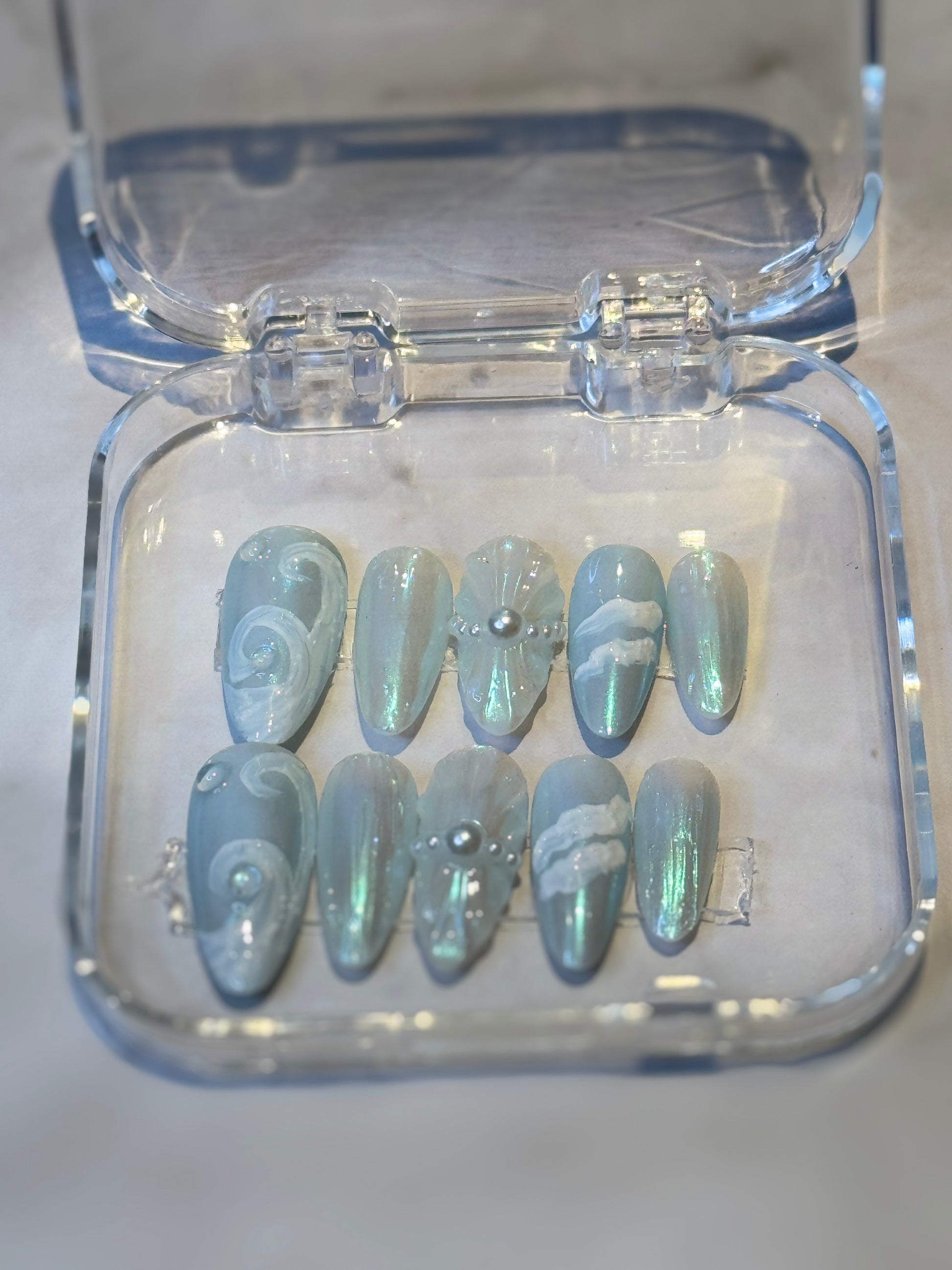 Mermaid gel decorated nails with handpainted wawes and pearls . perfect press on nails.