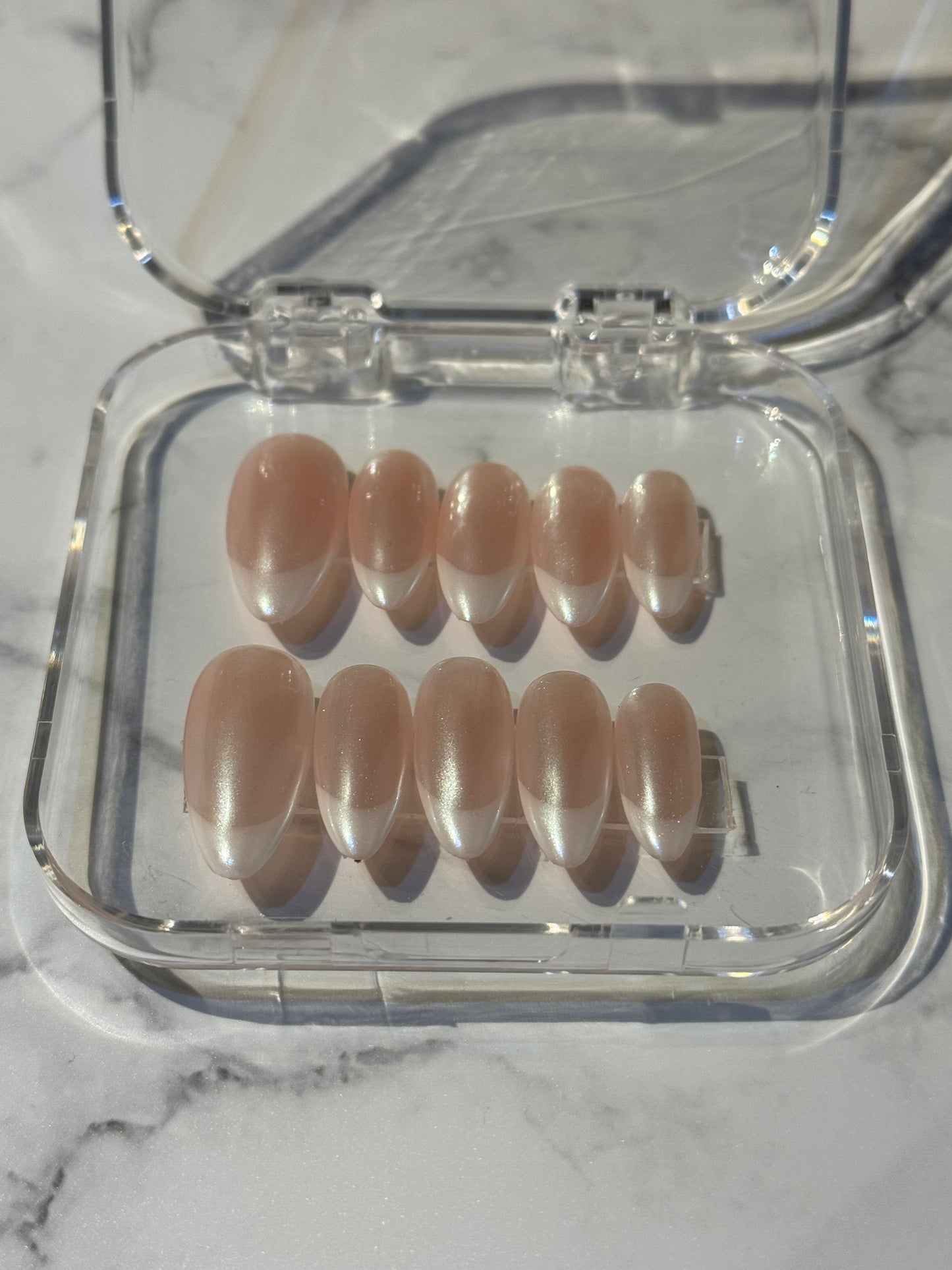 French tip with mirror effect , almond medium press on nails.