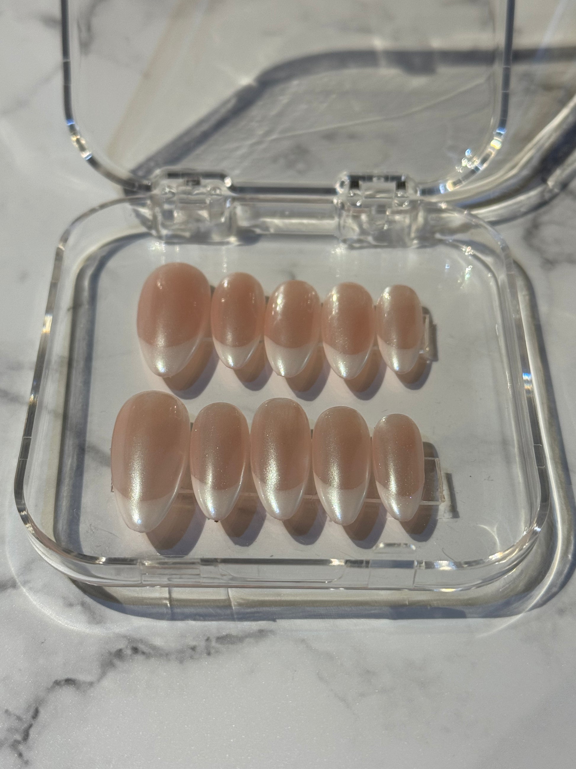 French tip with mirror effect , almond medium press on nails.