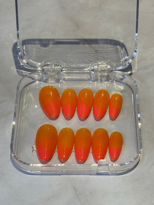 Orange ombre nails ,fire an bold press on nails simple but breath taking