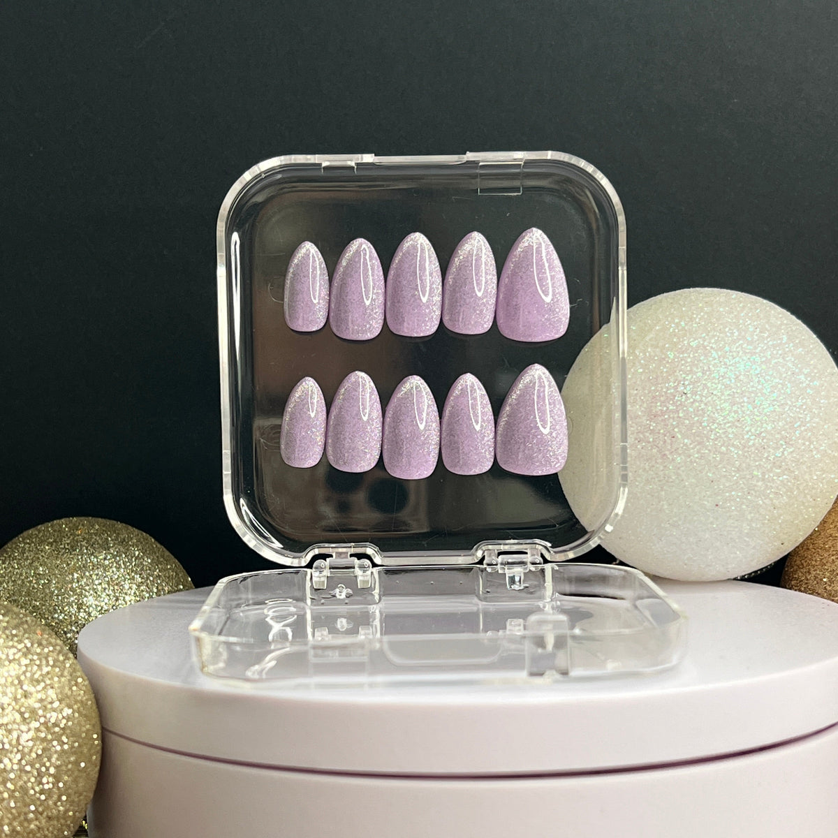 Luxury press-on nails, light purple, glittery/shimmering, Christmas, party.
